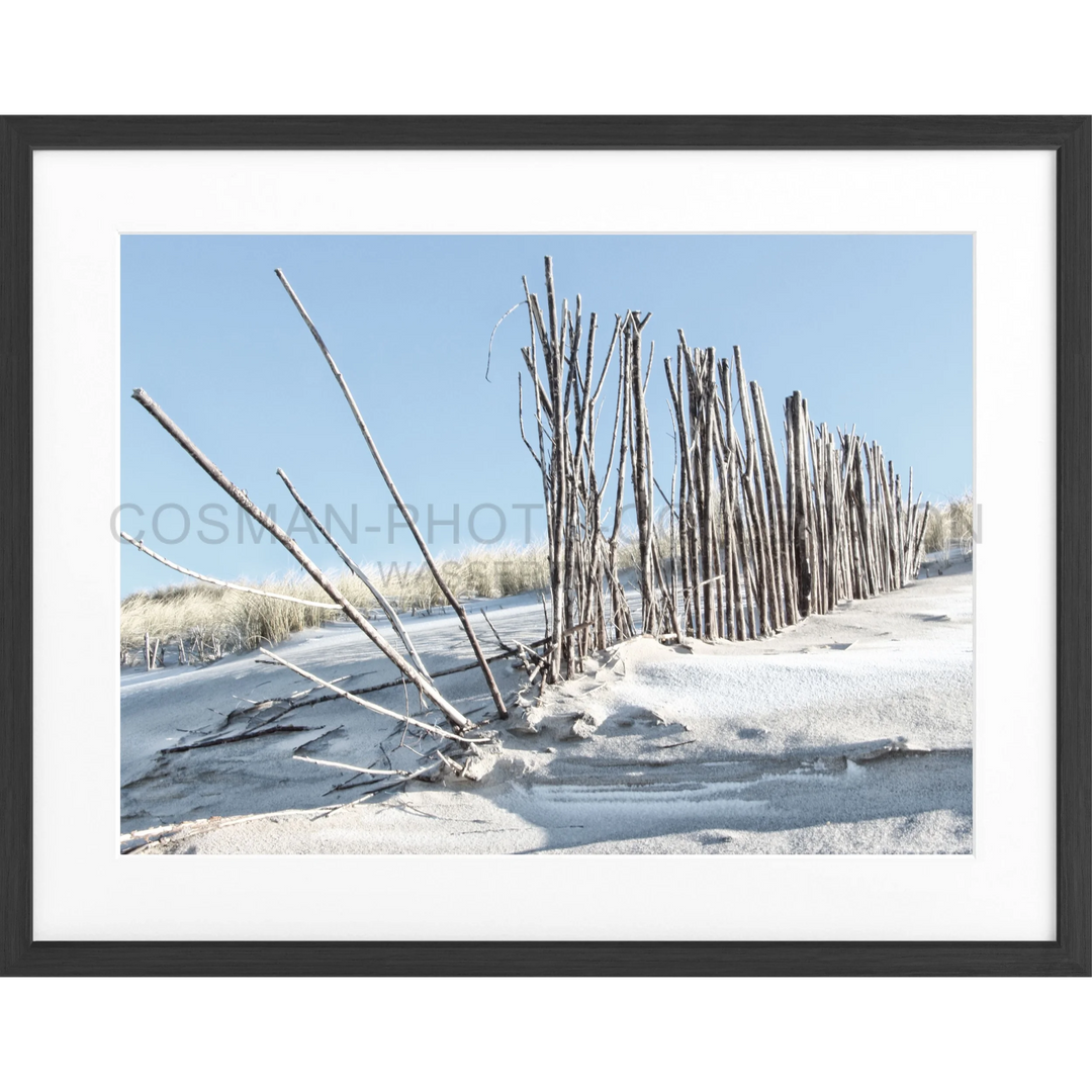 Reihe kahler Baumäste ragt aus dem schneebedeckten Boden im Poster Beach Sylt SY70