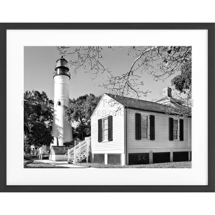 Schwarz-weißes Leuchtturm mit angegliedertem weißen Haus, Poster Florida Key West