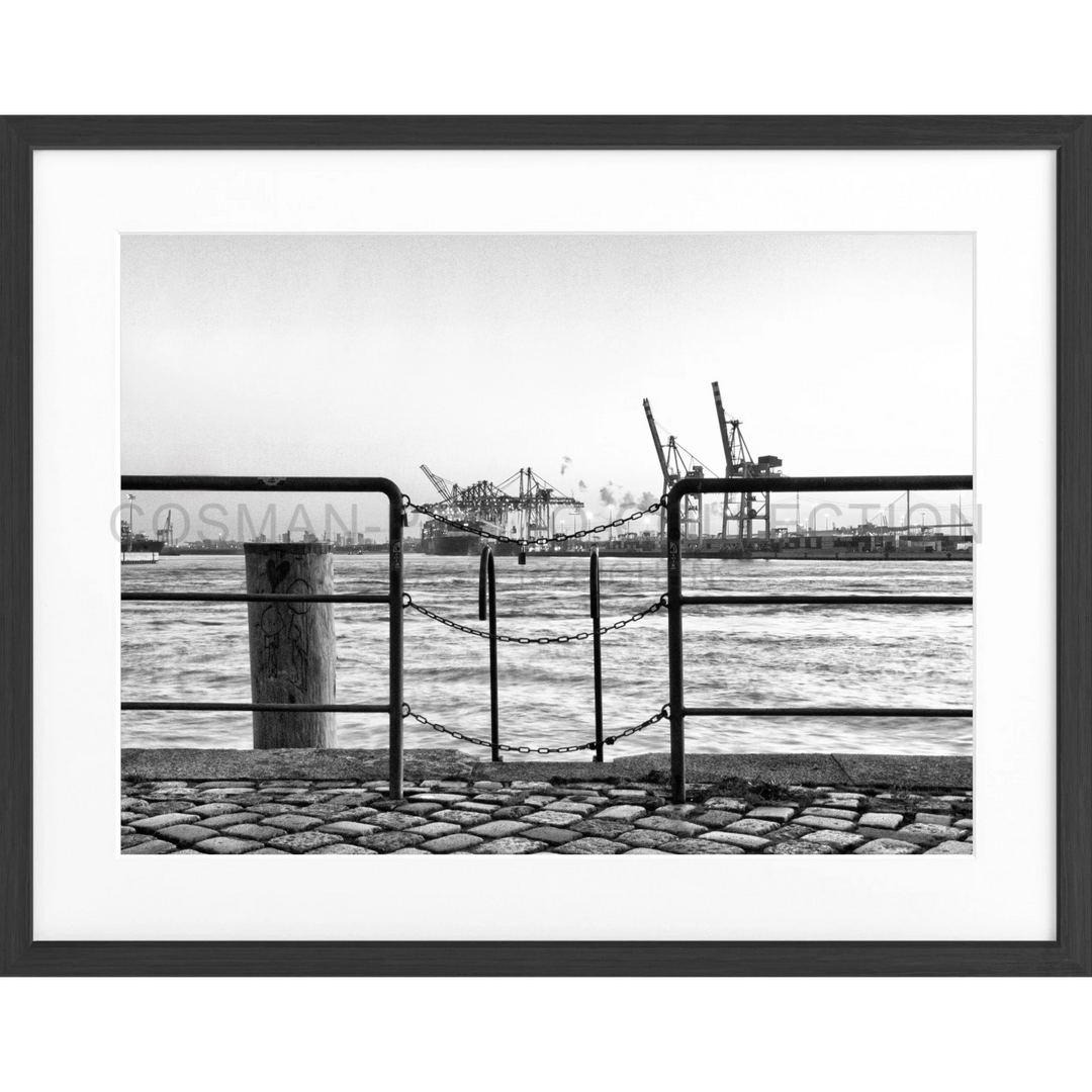 Metallzaun mit Blick auf den Hamburger Hafen und Industriekräne im Poster Hamburg Hafen