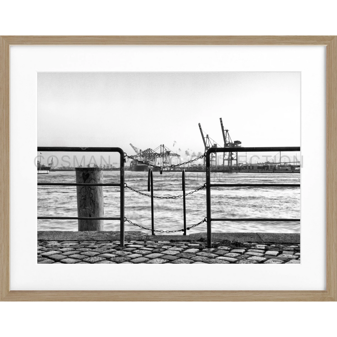 Metallzaun mit Blick auf den Hamburger Hafen und Containergabeln