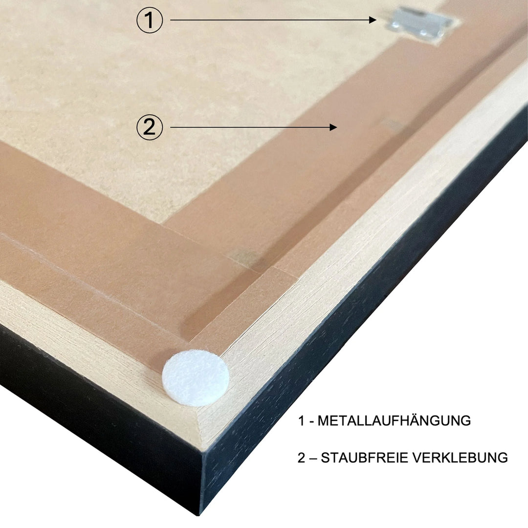 Eckdetail eines gerahmten Kunstwerks mit Aufhängung und staubfreier Klebefläche