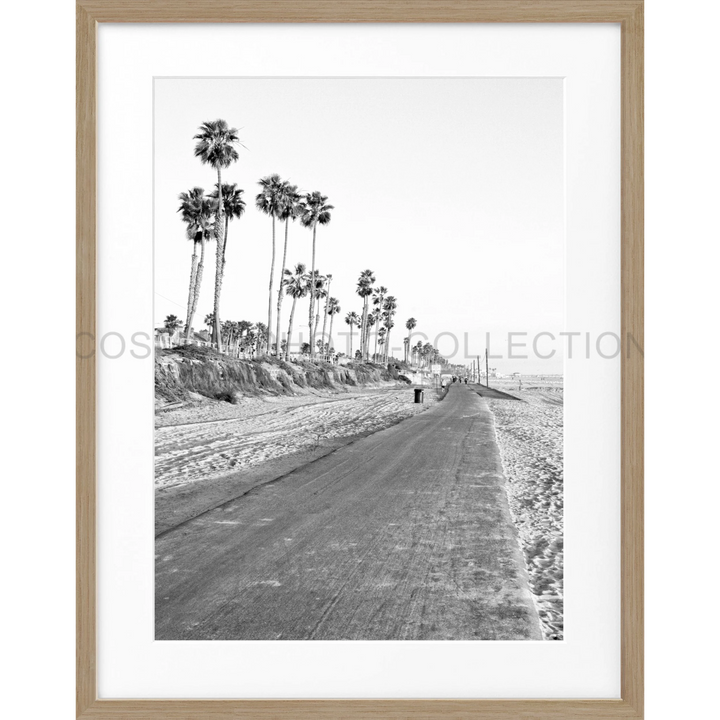 Schwarz-weiß-Fotografie einer Küstenstraße mit Palmen für Poster Kalifornien Huntington Beach K153