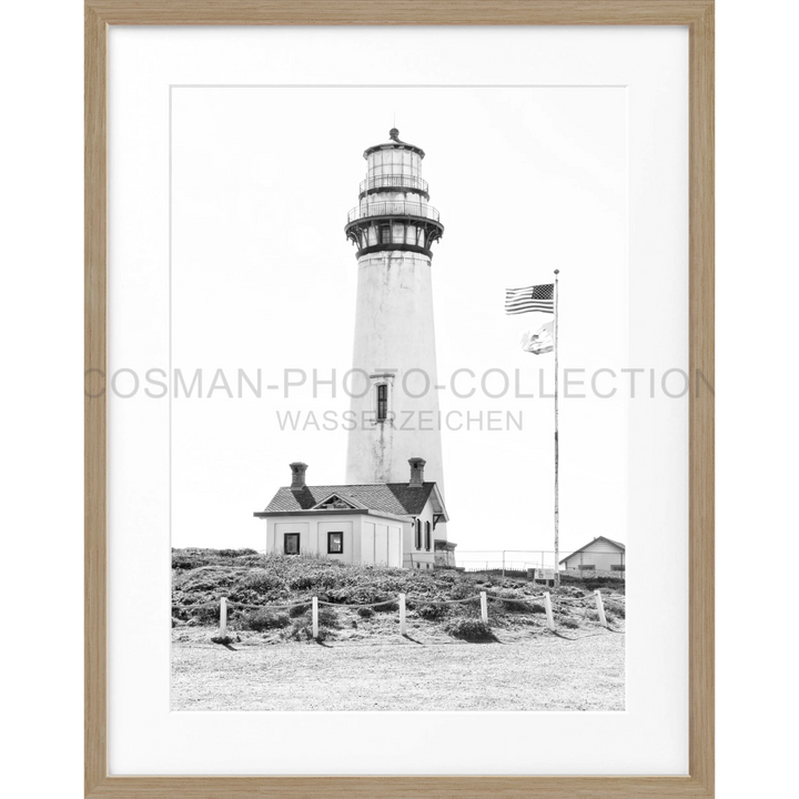 Weißer Leuchtturm mit Haus und amerikanischer Flagge, Poster Kalifornien Lighthouse L03