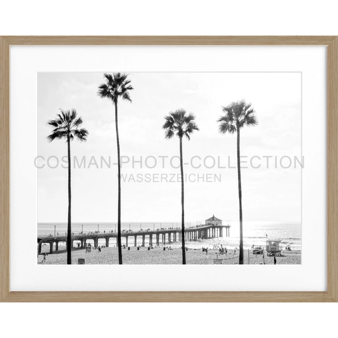 Schwarz-weiß Foto eines Strandpier mit Palmen für Poster Kalifornien Manhattan Beach K185