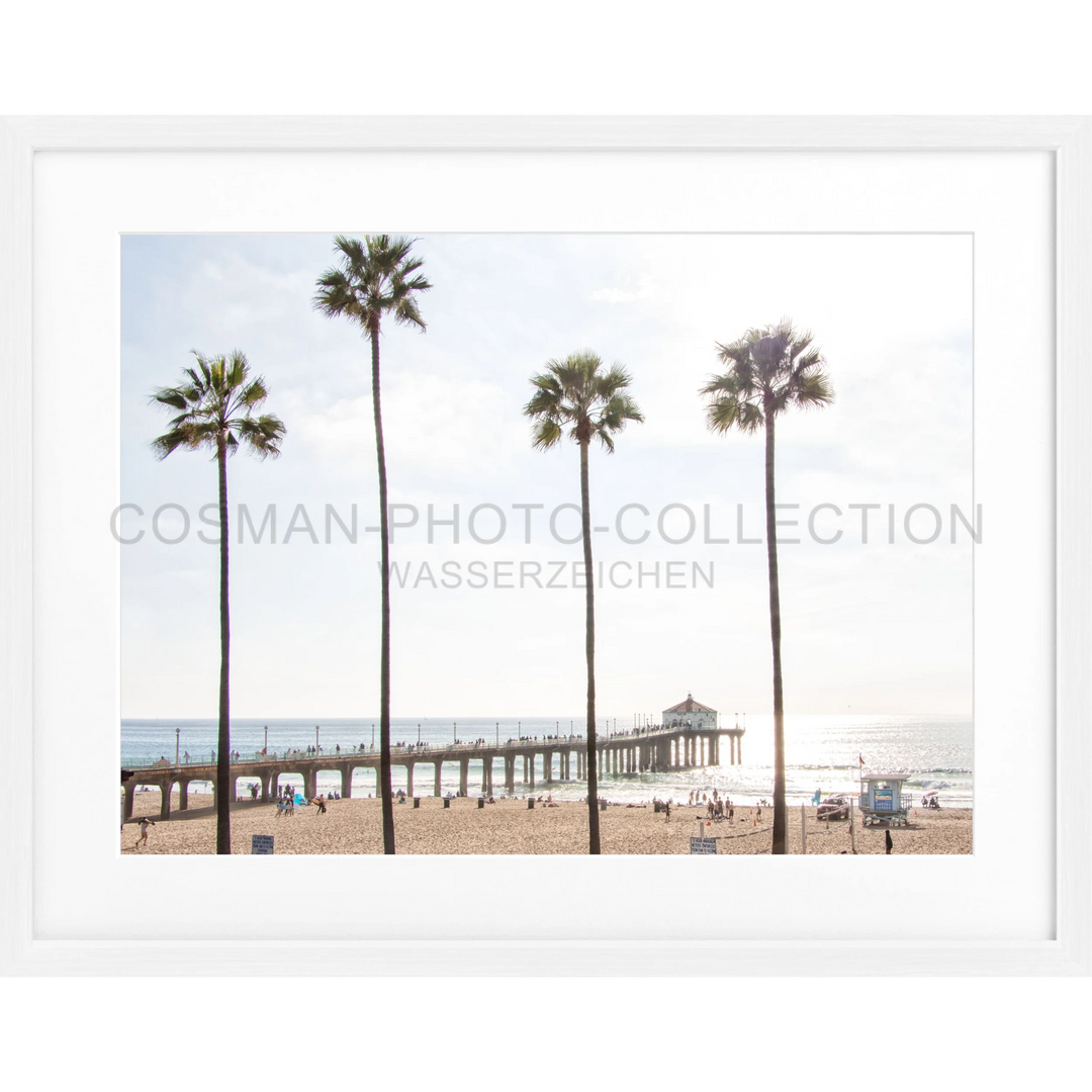 Holzpier mit Palmen an einem Strand in Kalifornien, Manhattan Beach K185 Poster