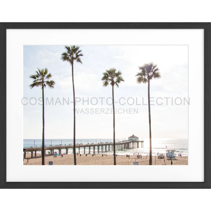 Gerahntes Küstenfoto mit Palmen und Pier, Poster Kalifornien Manhattan Beach K185