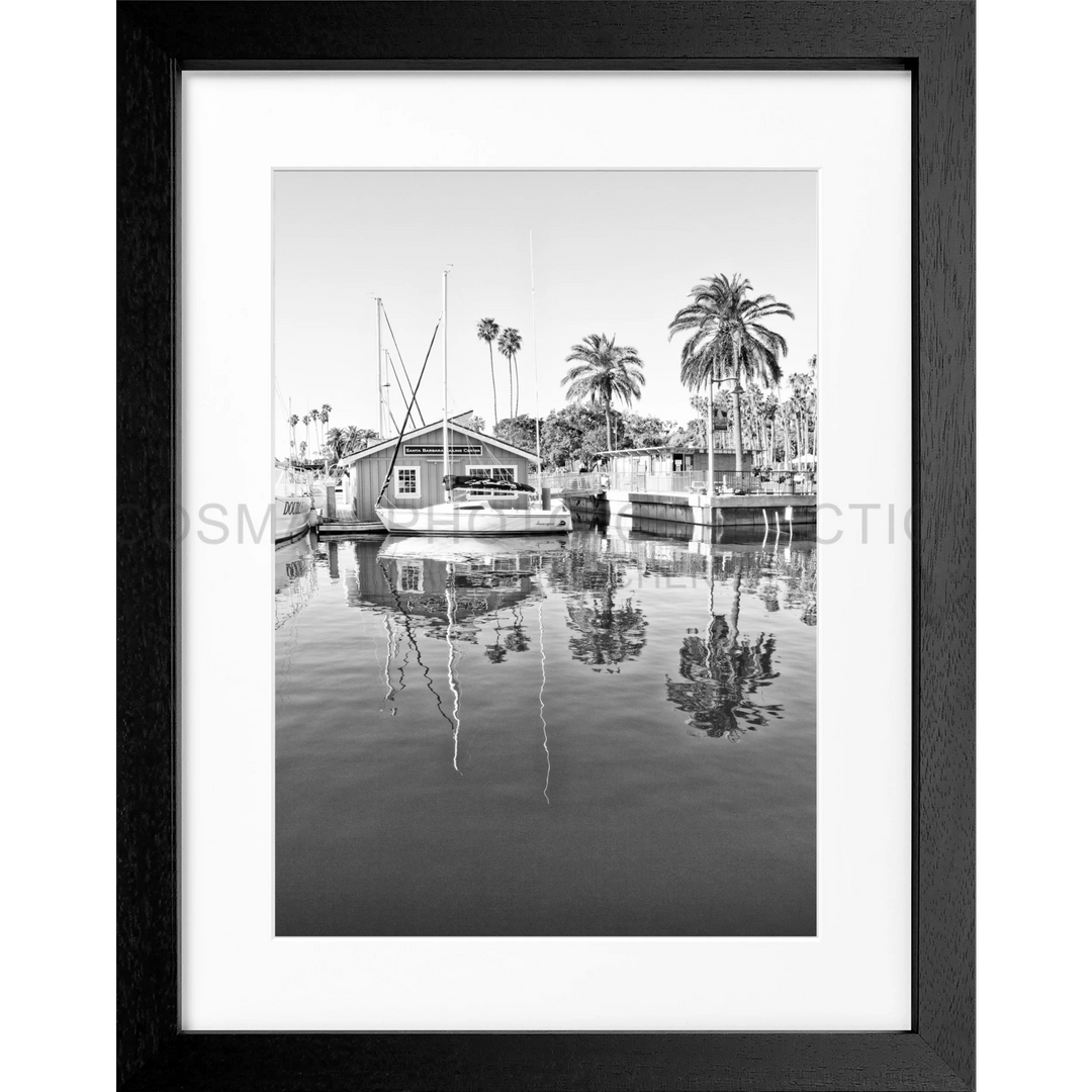 Schwarz-weiß Fotografie von Booten und Palmen im ruhigen Hafenwasser in Kalifornien