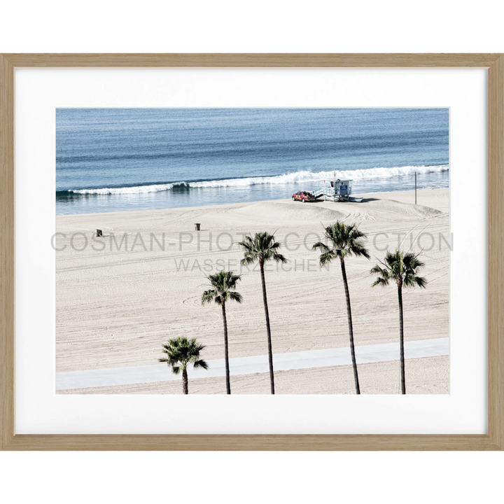 Palm trees und Lifeguardturm am Strand von Santa Monica, Kalifornien, mit Wellen