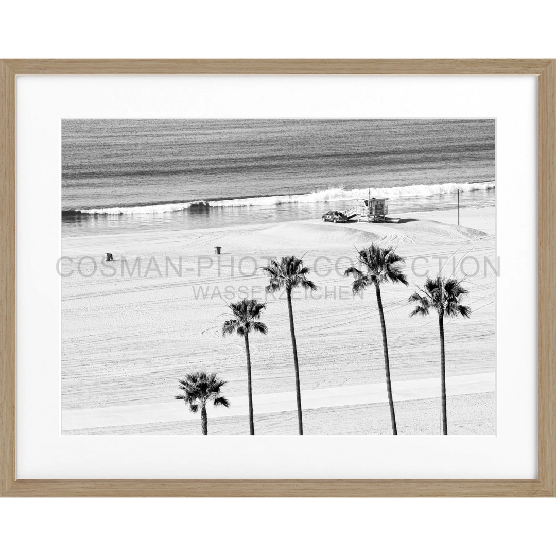 Palmen silhouettiert gegen den Strand in Schwarz-Weiß, Poster Kalifornien Santa Monica