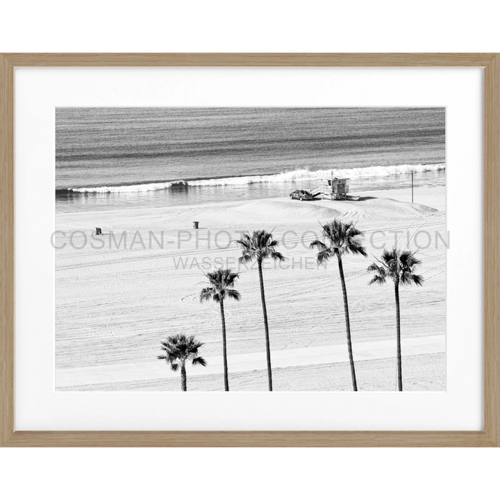 Palmen silhouettiert gegen den Strand in Schwarz-Weiß, Poster Kalifornien Santa Monica