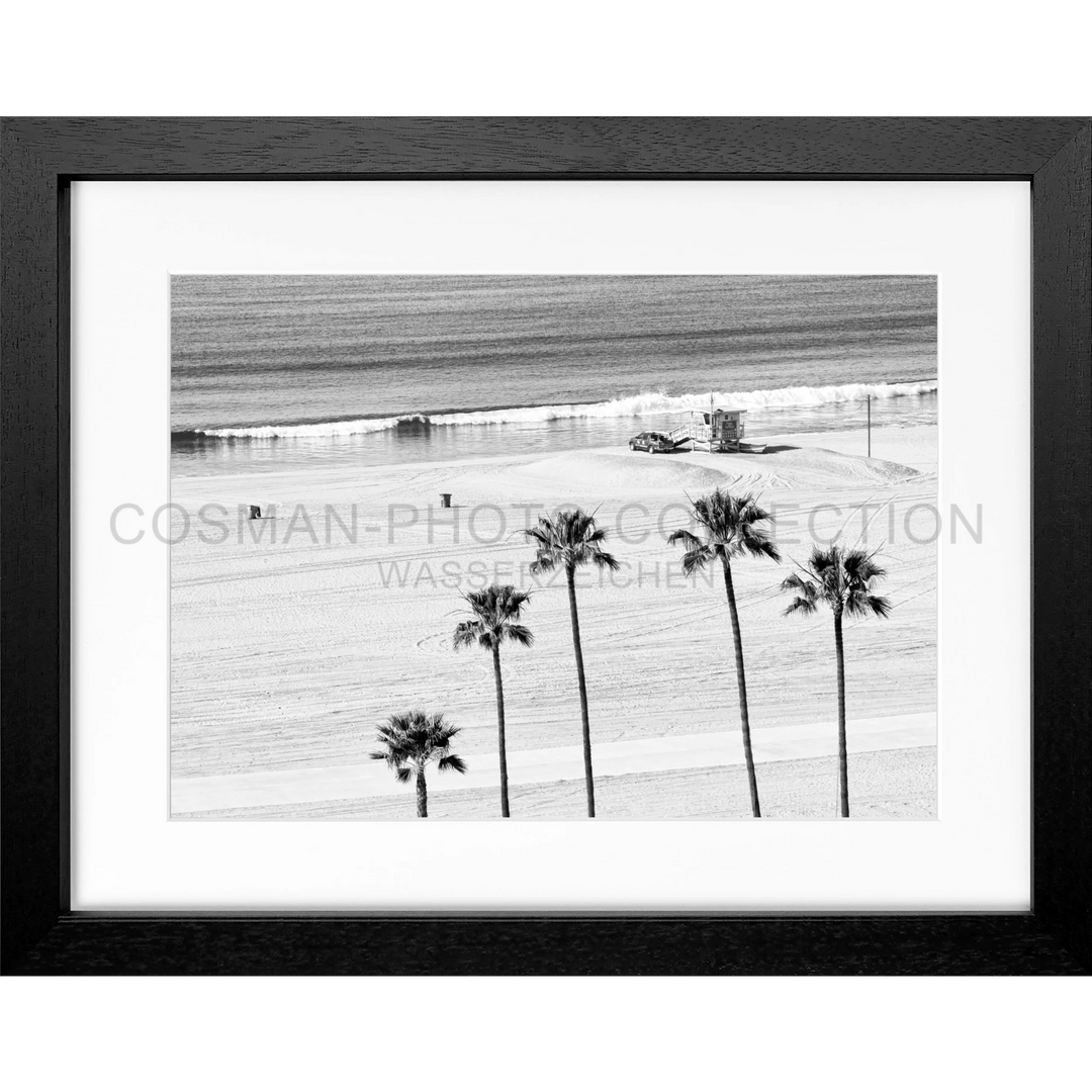 Schwarz-weiß gerahmtes Foto von Palmen am Strand für Poster Kalifornien Santa Monica Beach K100