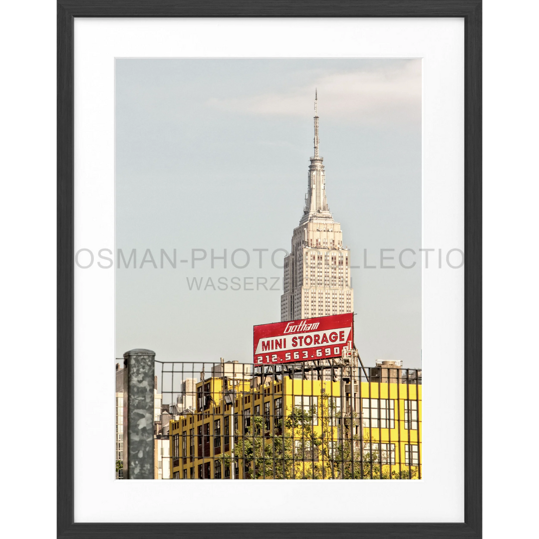 Empire State Building with red Mini Storage sign visible on its facade for poster NY117