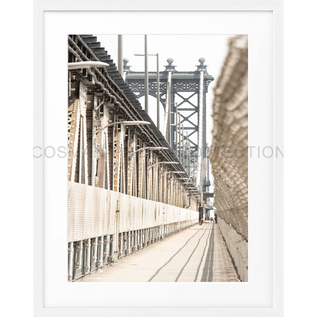 Manhattan Bridge walkway featuring industrial steel columns and railings in New York