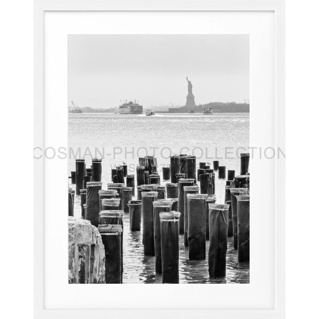 Holzpfeiler im Wasser mit der Freiheitsstatue in der Ferne, Poster New York NY107