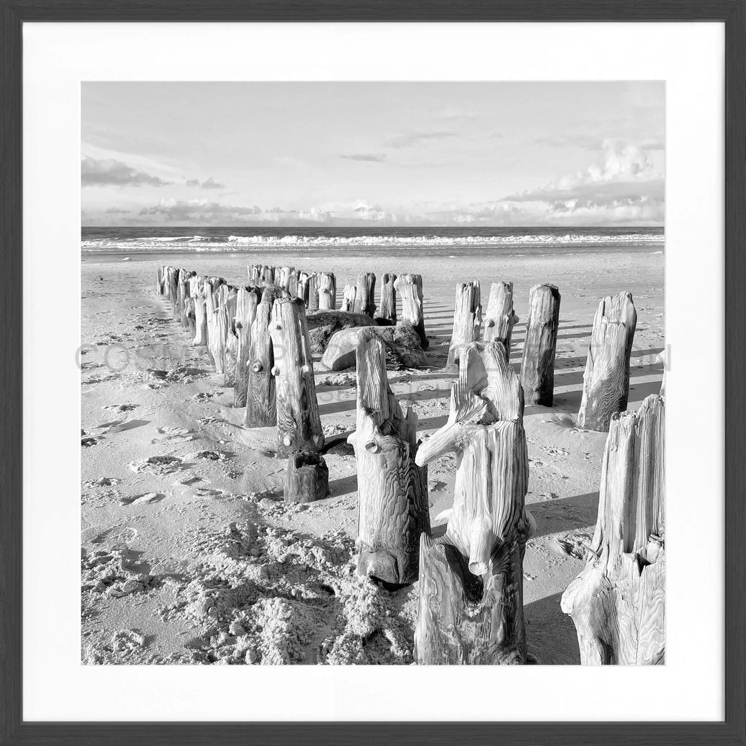 Abgeblätterte Holzpfosten am Strand in Schwarzweiß für Poster Sylt Strand SY77Q